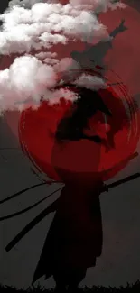 Silhouetted samurai with red moon background on mobile wallpaper.