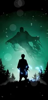 Silhouette of samurai facing a spirit in a teal forest.