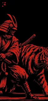 Samurai with a tiger in vibrant red on black background, artistic silhouette.