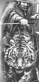 Monochrome wallpaper of samurai with a tiger in bamboo.