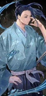 Anime samurai in flowing robes with blue accents on black background.