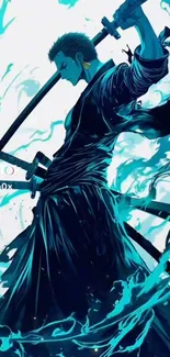 Anime samurai with katanas in blue energy.