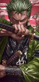 Dynamic anime samurai with katana and green jacket on bold wallpaper.