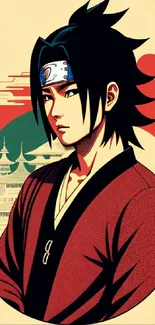 Anime samurai art with a Japanese street style and scenic background.