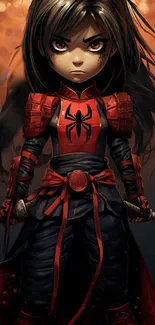 Anime samurai hero standing in dark red hues.