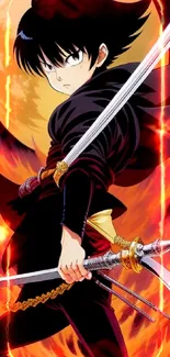 Anime samurai with sword in front of a full moon and flames.