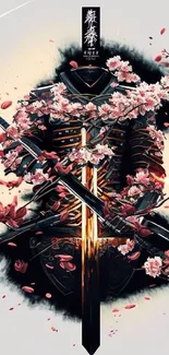 Samurai armor with cherry blossoms and swords.