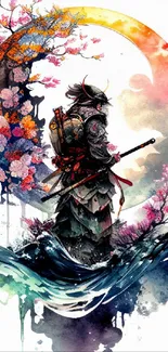 Samurai warrior in artistic watercolor with floral and moon design.