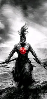 Samurai warrior artwork in black and white with red accent.