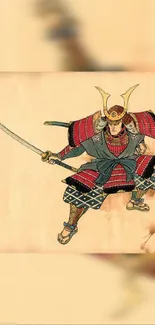 Illustrated samurai warrior in traditional armor with a sword.