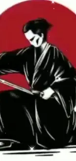 Samurai kneeling in traditional attire with a red backdrop.