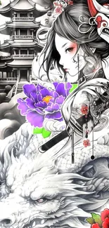 Samurai with dragon and geisha illustration wallpaper.