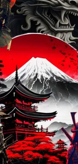 Samurai with Mount Fuji and red sun wallpaper