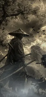 Lone samurai stands under the moonlit sky, surrounded by trees.