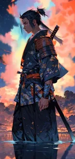 Samurai stands amid a vibrant sunset reflection.