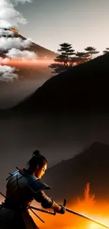 Samurai warrior standing against a vibrant sunset backdrop.