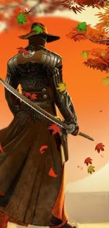 Samurai stands against a vibrant orange autumn sunset.