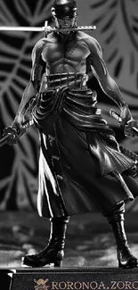 Black and white samurai figure with floral background.