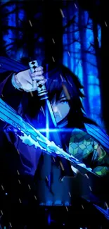 Samurai holding a glowing sword in a blue-lit forest scene.