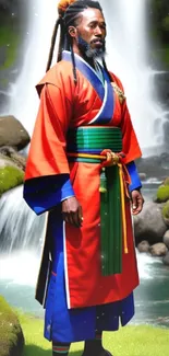 Samurai in traditional attire by a serene waterfall.