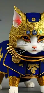 Regal cat in samurai armor, blue and gold design.