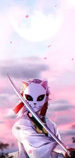 Anime-style samurai cat under a glowing moon in a pink-hued landscape.