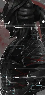 Samurai in black cyberpunk armor with red accents in a digital style.