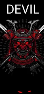 Fierce samurai devil with red eyes and swords on a black background.