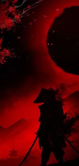 Samurai silhouette under fiery red eclipse on a mobile wallpaper.