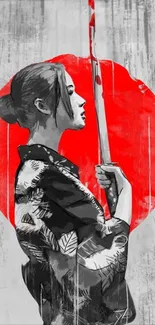 Female samurai with red circle background, digital art wallpaper.