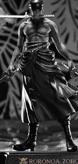 Samurai figurine with swords in black and white design.