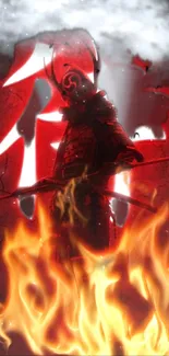 Samurai engulfed in flames with red background and fiery effects.