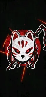 Japanese fox mask with red eyes and sword on a dark background wallpaper.