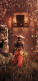 Samurai stands in a mystical garden with cherry blossoms and ancient statues.