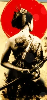 Samurai geisha with katana and red circle accent.