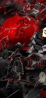 Samurai stands before a haunted castle under a red moon, ghostly figures float nearby.