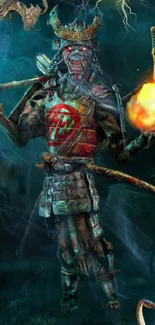 Samurai ghost warrior in dark fantasy art with ethereal firelight.