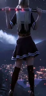 Anime samurai girl with sword overlooking city at night.