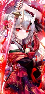 Anime samurai girl with sword and red floral design.