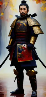 Samurai warrior stands in autumn forest, vivid colors.