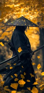 Samurai standing in swirling golden autumn leaves.