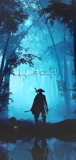 Silhouette of samurai in blue forest.