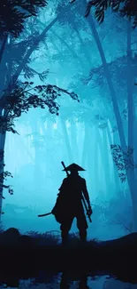 Silhouette of a samurai in a mystical blue forest.