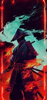 Samurai in flames with turquoise aura on dark background.