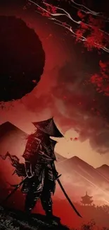 Samurai silhouetted against a fiery red sky with mountains.