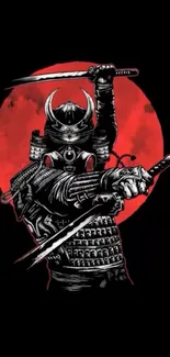 Samurai with swords in front of a red moon on a phone wallpaper.