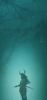 A lone samurai stands in a mystical, foggy forest, illuminated by teal light.