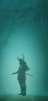 Silhouette of a samurai in a misty, teal forest with glowing fireflies.