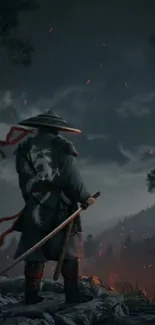 A lone samurai stands in a mystical, dark forest landscape.