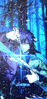 Anime samurai with sword in mystical blue forest wallpaper.